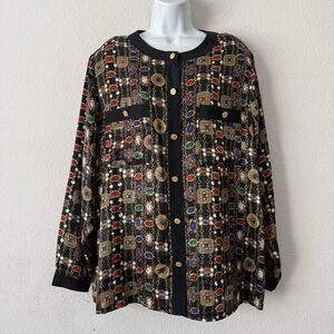 Vtg 80s 90s La Chine Galinda Wang Top Plus 22W Baroque Jewel Chain Print Blouse